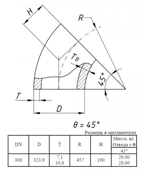 Отвод стальной 45-1-323,9х7,1-12Х18Н10Т ГОСТ 17375-2001 бесшовный крутоизогнутый