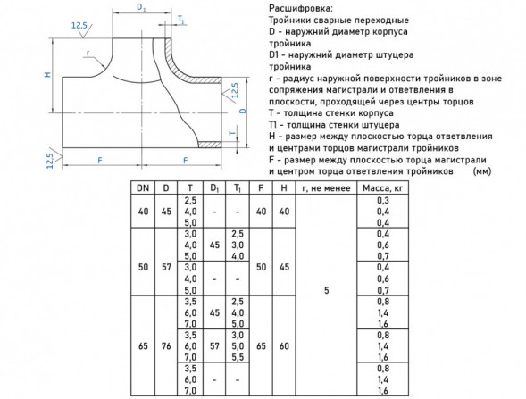Тройник стальной переходный 57х3-45х2,5-Ст.20 ГОСТ 17376-2001