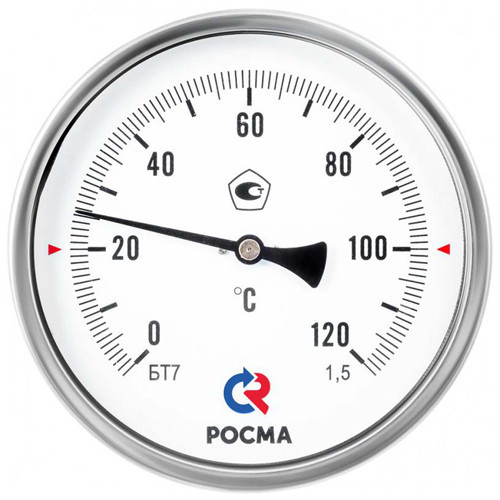 Термометр РОСМА БТ-31.211-100 Дкорп=63мм 2,5 МПа кл. 2,5 G1/2&amp;quot; Tраб = 0...+200°C биметаллический осевой 00000002414