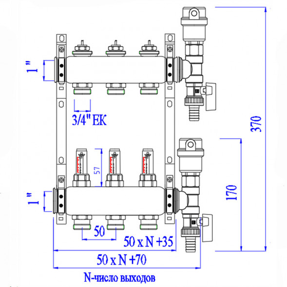 Коллекторная группа VALTEC VTc.589.EMNX.0607 7-ми контурный ВР-НР 1&amp;quot;x3/4&amp;quot; DN 25 PN 9 с регулирующими клапанами и расходомерами