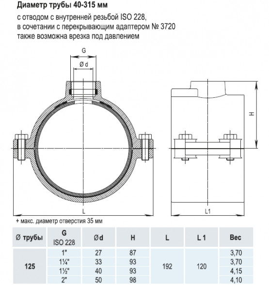 Врезной хомут HAWLE 5250 DN 125 PN 16 системы HAKU с отводом с внутренней резьбой 1 1/2&amp;quot;