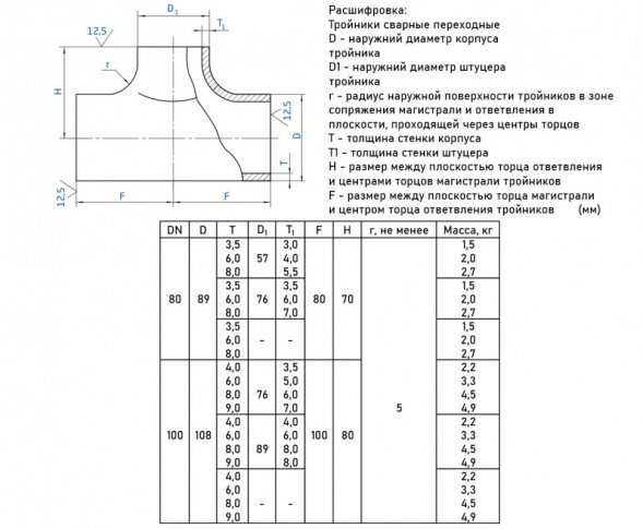 Тройник стальной переходный 89х6-76х6-Ст.20 ГОСТ 17376-2001