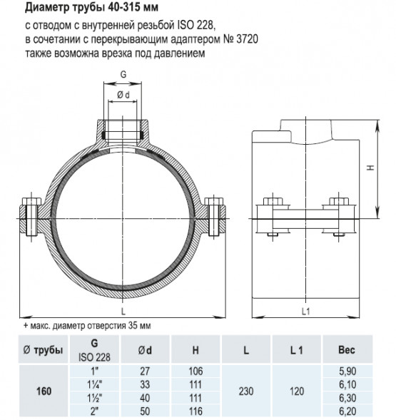 Врезной хомут HAWLE 5250 DN 160 PN 16 системы HAKU с отводом с внутренней резьбой 1 1/4&amp;quot;
