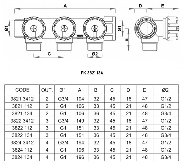 Коллектор распределительный FAR FK 3821 2 отвода ВР-НР 1&amp;quot;х3/4&amp;quot; DN 25 PN 16 с регулирующими клапанами