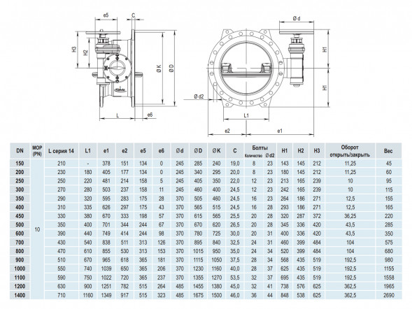 Затвор HAWLE 9881K DN 900 PN 10 дисковый поворотный