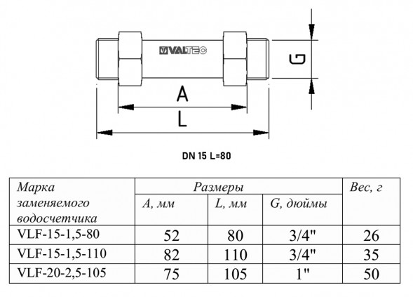 Вставка ремонтная VALTEC VTр.789 НР 1/2&amp;quot; DN 15 PN 25 L=80 мм для водяного счётчика