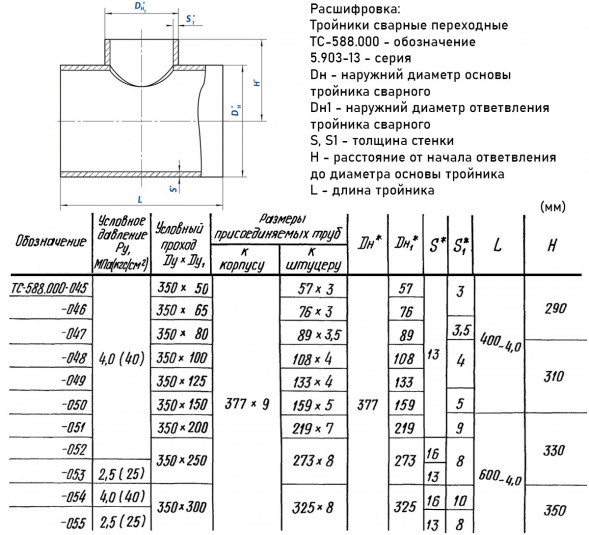 Тройник стальной 377x9-219х7 4 ТС-588.000 серия 5.903-13 переходный сварной