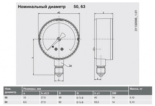 Манометр 111.10.50 радиальный Дк50мм 0-10 бар кл.2,5 G1/4&amp;quot; Wika 9040439 (31105821)