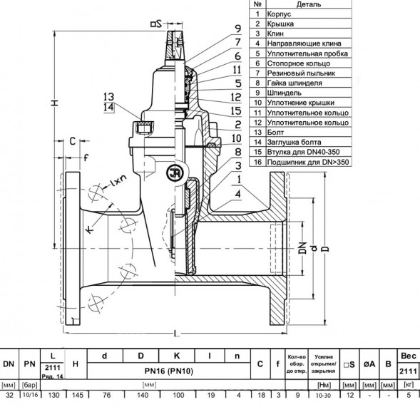 Задвижка JAFAR 2111 DN 32 PN16 фланцевая клиновая чугунная с обрезиненным клином