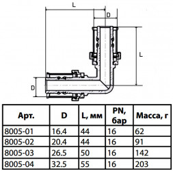 Угольник латунный Aquasfera 8005 DN 20.4 PN 16 покрытие - никель, пресс, 8005-02