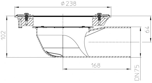 Корпус трапа HL5100TK DN75 горизонтальный выпуск, фланец, монтажная заглушка, фиксаторы