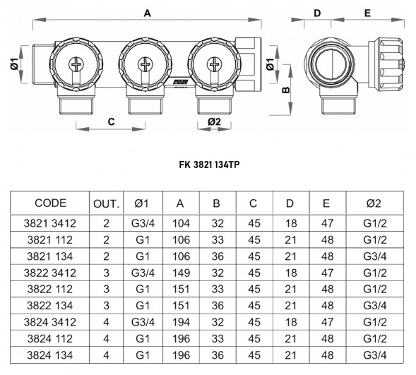 Коллектор распределительный FAR FK 3821 2 отвода ВР-НР 1&amp;quot;х3/4&amp;quot; DN 25 PN 16 с регулирующими клапанами плоское уплотнение